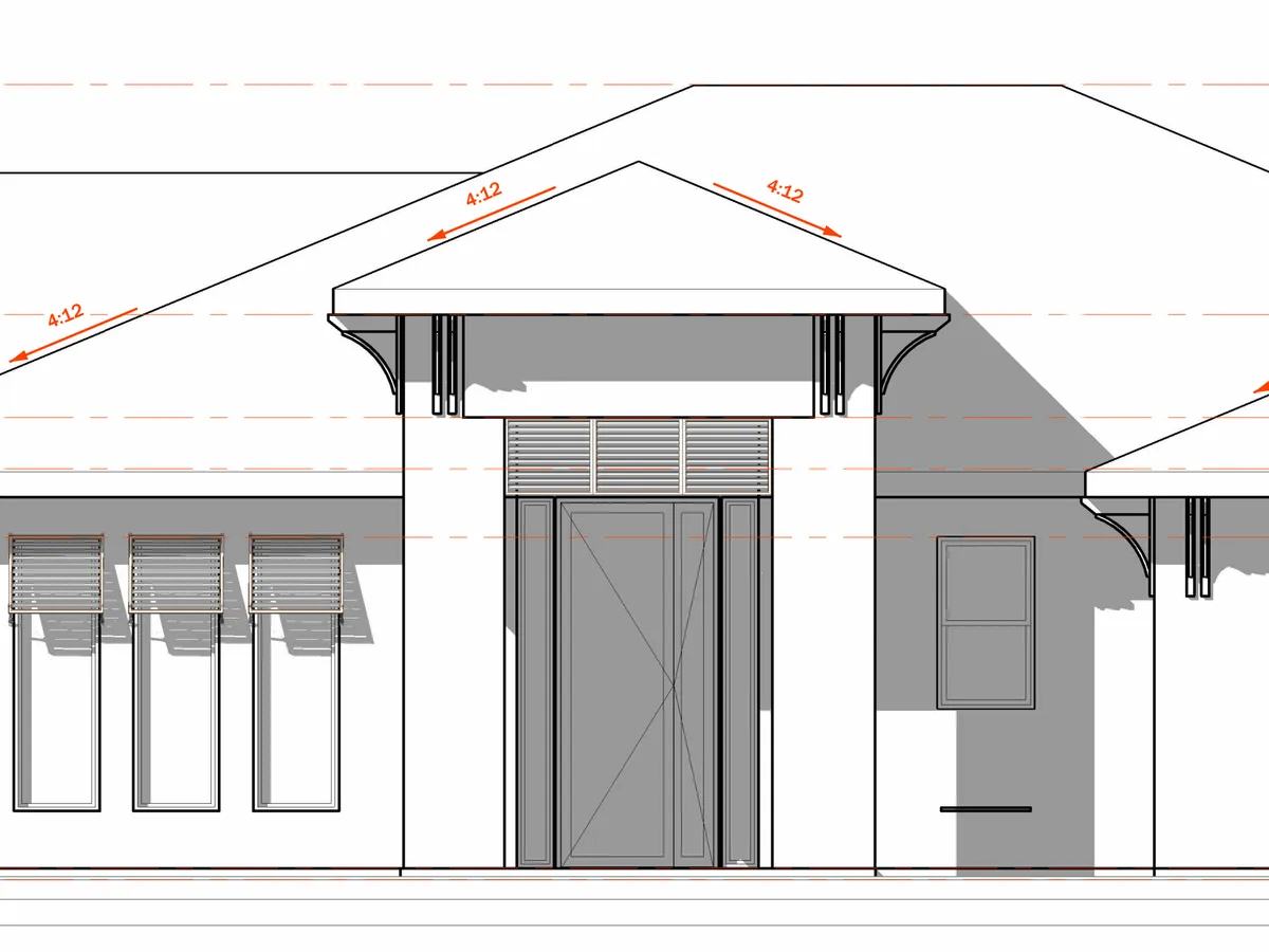 Architectural elevation drawing showing roof pitches and window openings