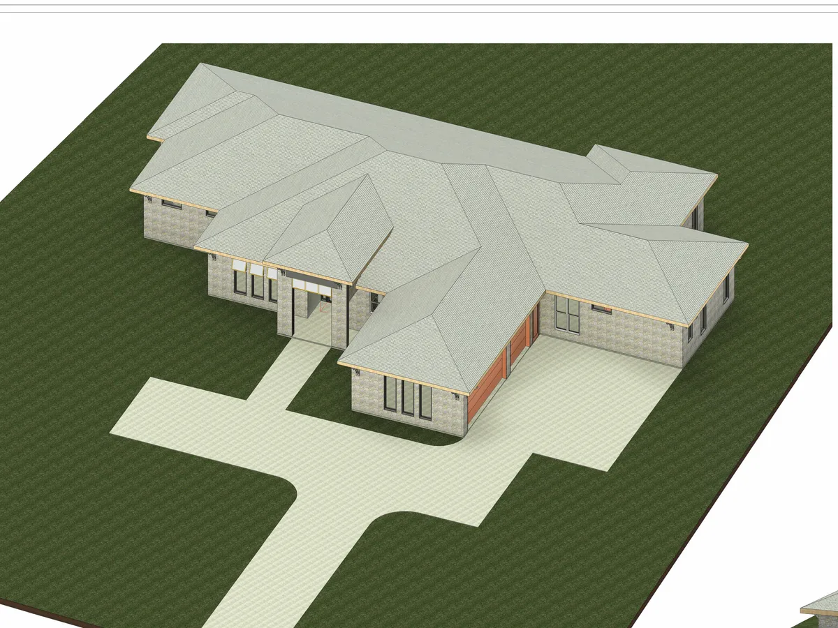 Computer-generated rendering of a single-storey residence, schematic design phase