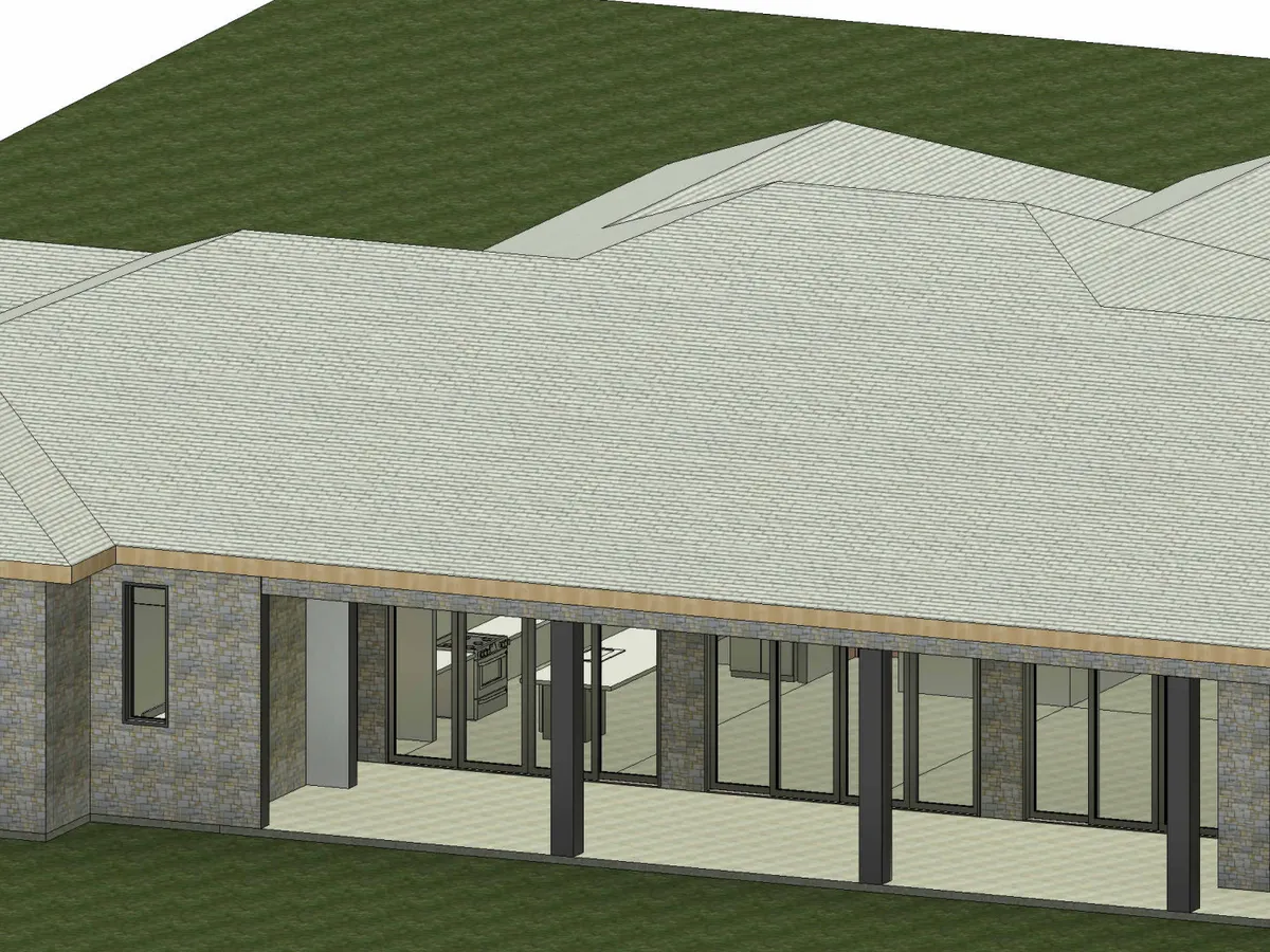 Rendering of a rear elevation with full-height structural glazing, schematic design phase